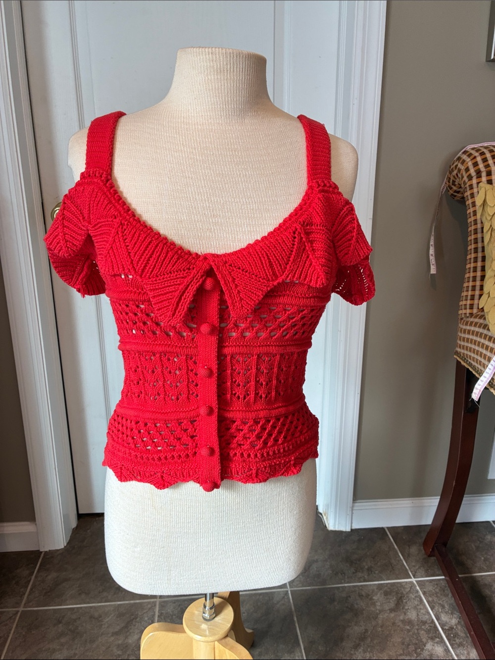 Blu Pepper Red Knit Button-Front cotton  Top with a ruffled neckline